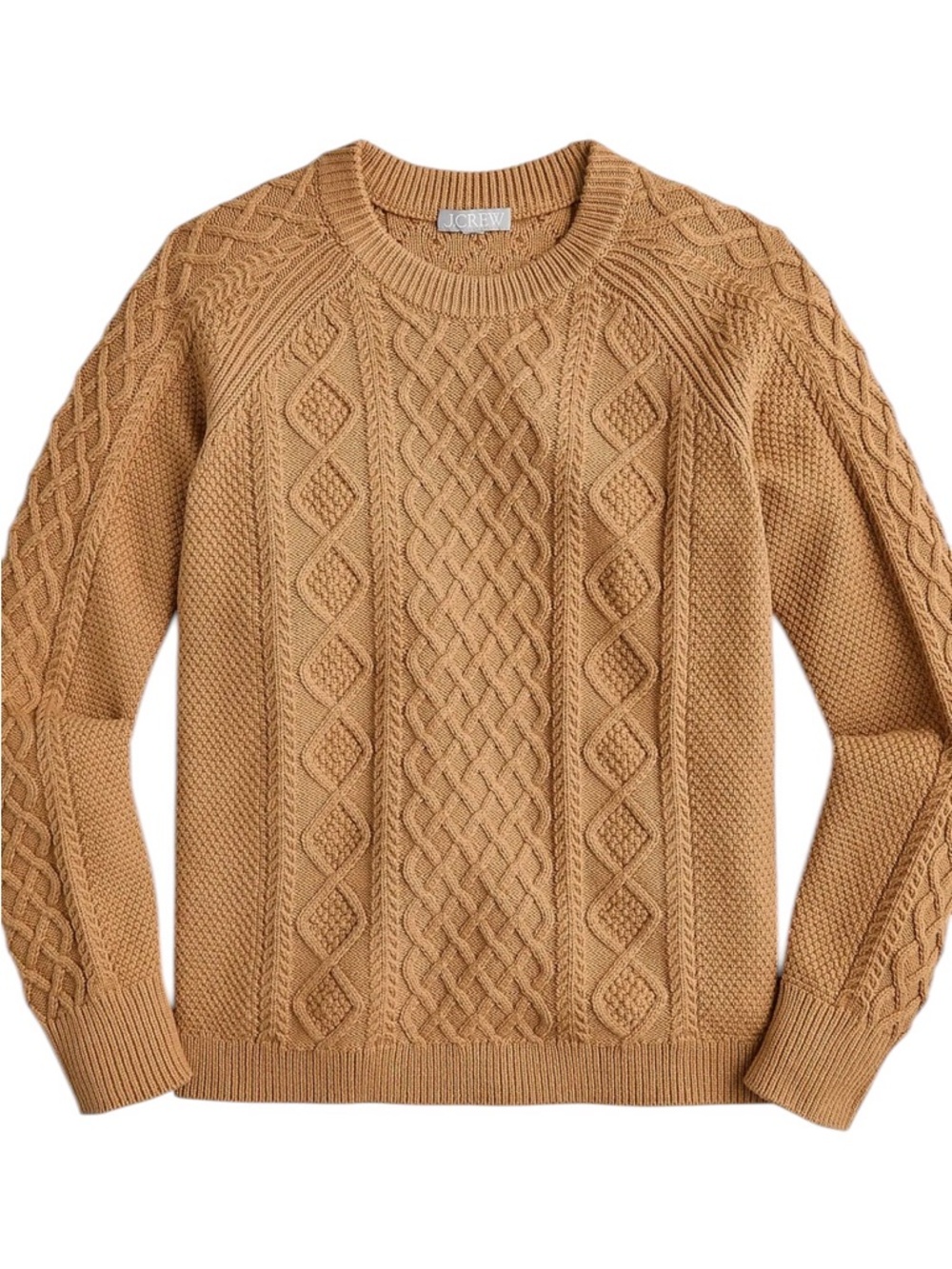 J. Crew Cable Knit Crewneck Sweater Size Medium Brown Relaxed Fit Fisherman NWT